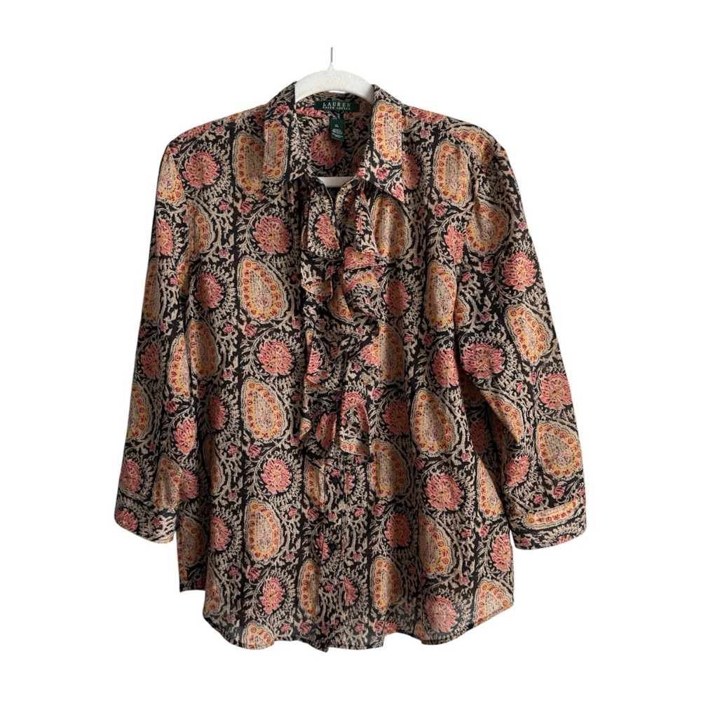 Lauren Ralph Lauren Paisley Ruffle Blouse Cotton Boho Cottagecore Western XL
